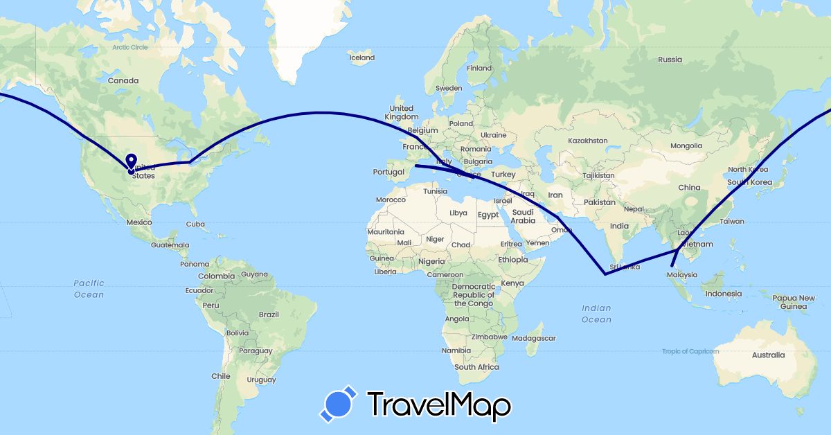 TravelMap itinerary: driving in United Arab Emirates, Canada, Spain, France, Greece, Italy, South Korea, Maldives, Thailand, United States (Asia, Europe, North America)